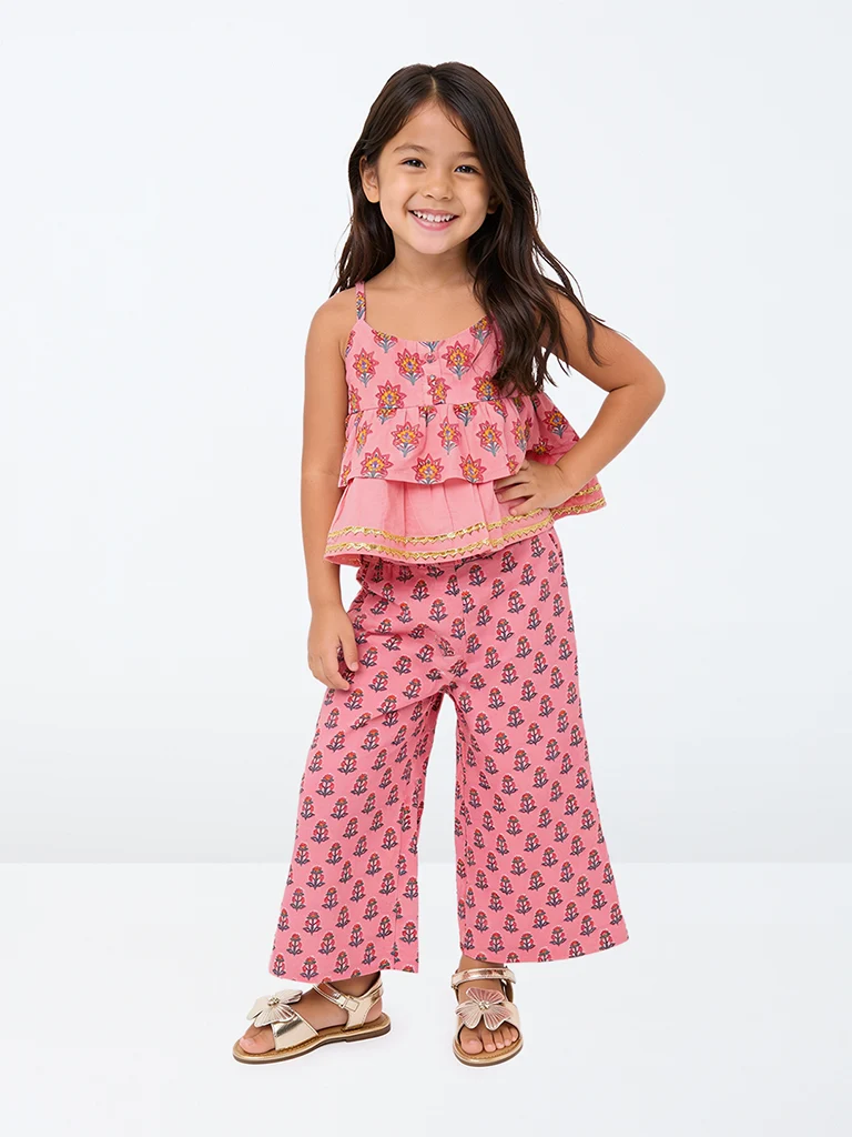 Kids Girls Pink Floral Printed Cotton Top and Pants Set